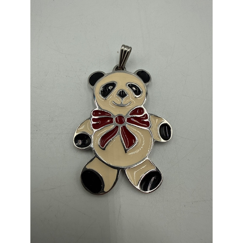 Wallace Silversmiths Panda Bear Pendant‎ Enameled Silver Tone Red Bow Charm